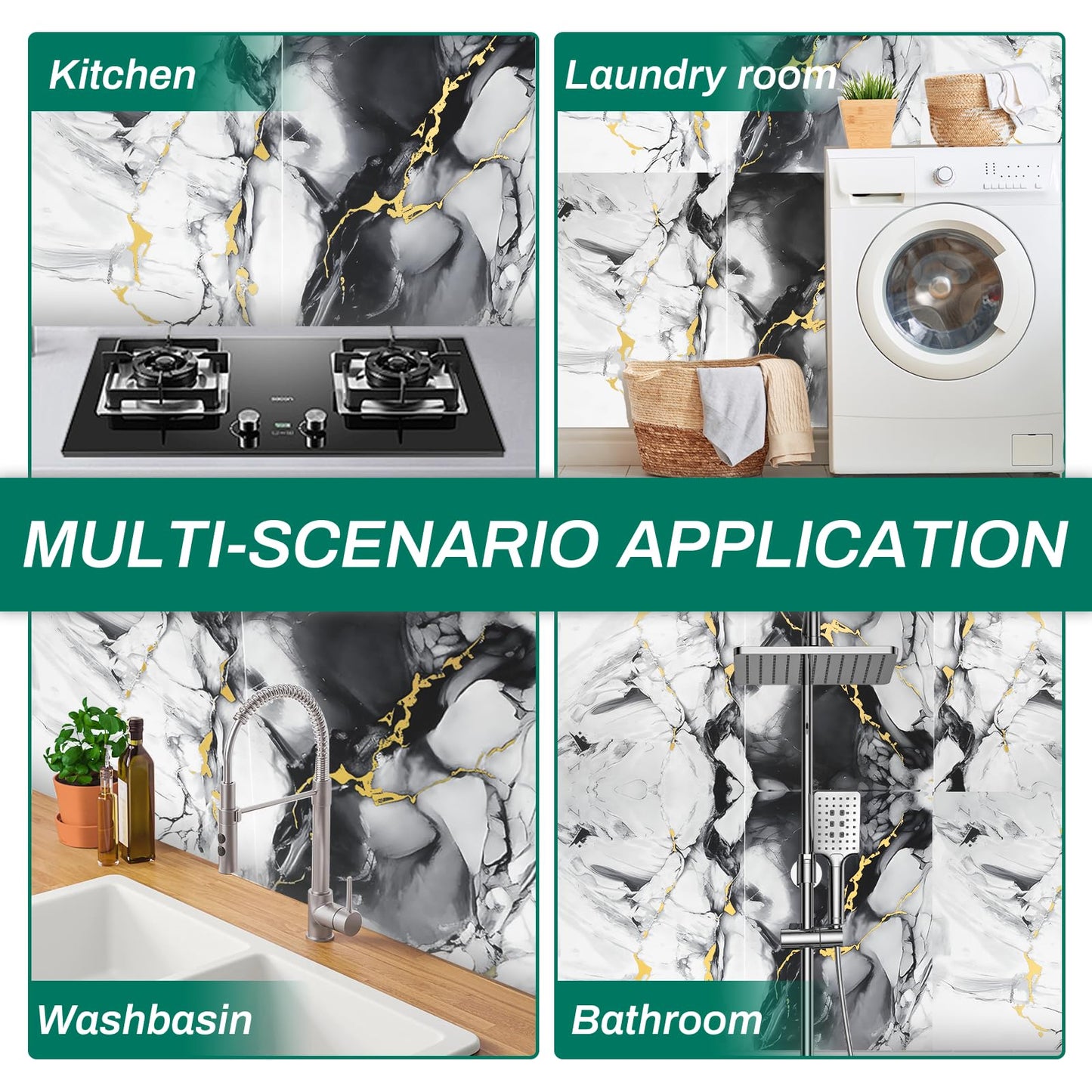12pcs White and Black Marble Peel and Stick Tiles 23.6"x11.8" Waterproof Heat Resistant Self Adhesive Removable PVC Wall Panels for Kitchen Backsplash, Bathroom, Laundry (Not Real Tile, Not for Floor)