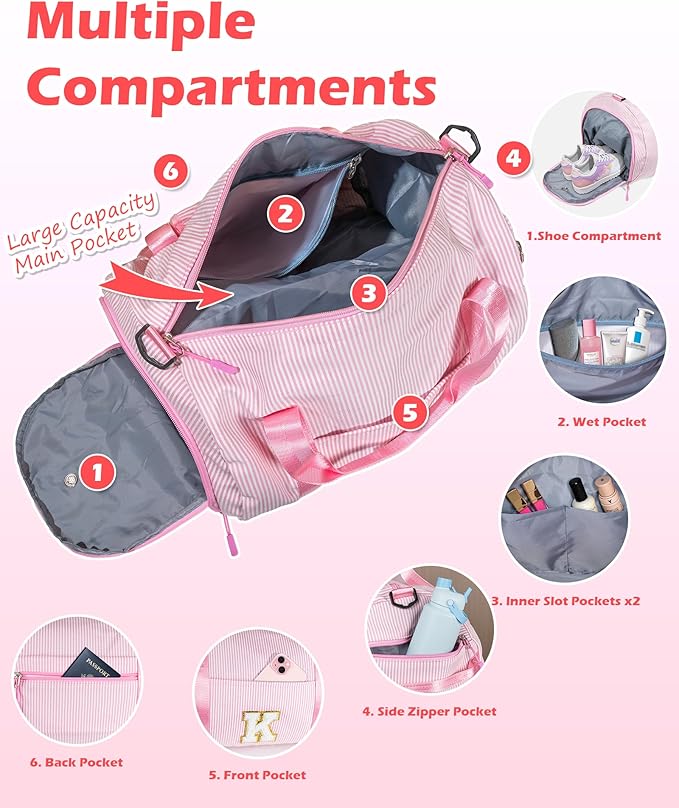 Girly Trendy Stuff, Girl Gym Bag, Kids Initial Overnight Duffel Bags with Shoe Compartment, Personalized Travel Bag with Makeup Pouch, Dance Gift for 5 6 7 8 9 10 11 12 Years Old (Letter V)