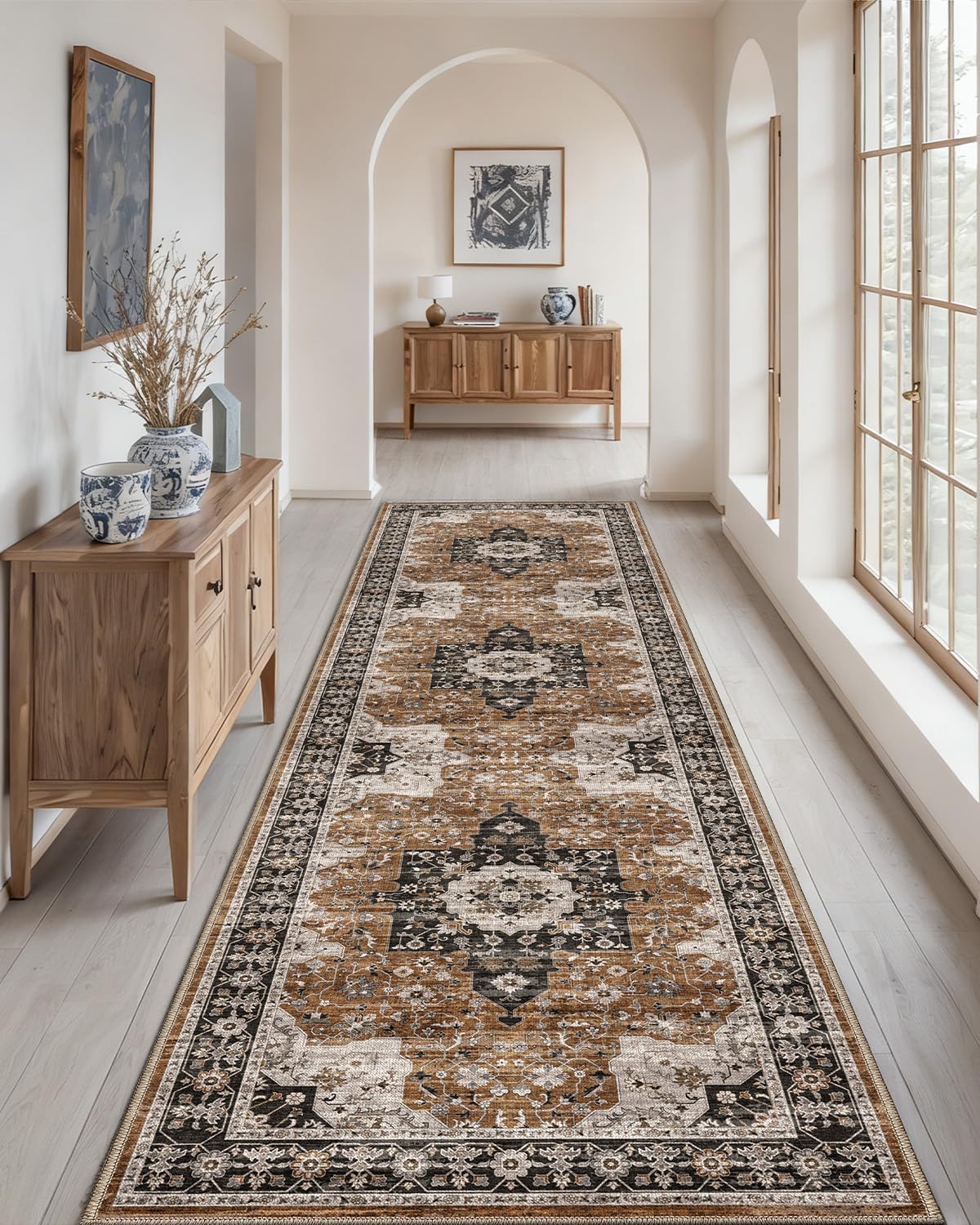DEXI Hallway Washable Runner Rug 3x7, Vintage Farmhouse Thin Kitchen Runner with Non Slip Backing, Soft Entryway Floor Rug, Stain Resistant Distressed Carpet for Bedroom Living Room, Brown