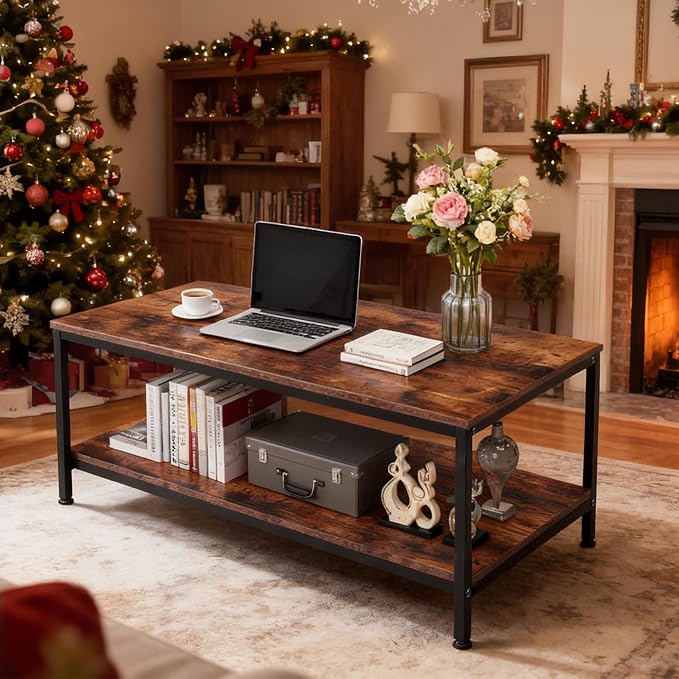 SUPER DEAL 2-Tier Coffee Table with Storage Shelf for Small Apartment Living Room, Rectangle Wood and Stable Metal TV Stand Side End Table, Rustic Brown