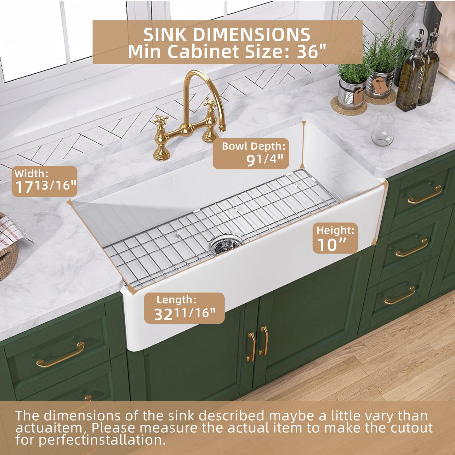 TUKTUK White Farmhouse Sink 33 inch Fireclay Apron Front Farm House Kitchen Sink Single Bowl Deep Drop In Undermount Reversible Heavy Duty Easy to Clean Porcelain Kitchen Basin Modern Luxury Accessory