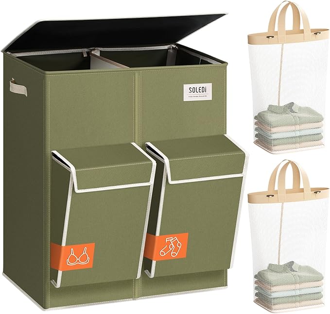 SOLEDI Double Laundry Hamper with Lid, 47.8 Gal (180L) Large Laundr Basket 2 Section with 2 Side Pockets, Dirty Clothes Hamper with Removable Bag, Easy to Carry for Laundry Room, Bedroom, Avocado