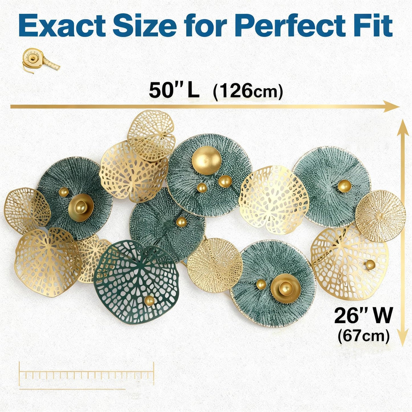 Large 3D Metal Wall Art, 50"L x 26"W Modern Blue & Gold Lotus Leaf Wall Sculpture, Luxury Coastal Home Decor for Living Room Bedroom, Elegant Gift for Housewarming Wedding Mother's Day for Homeowners