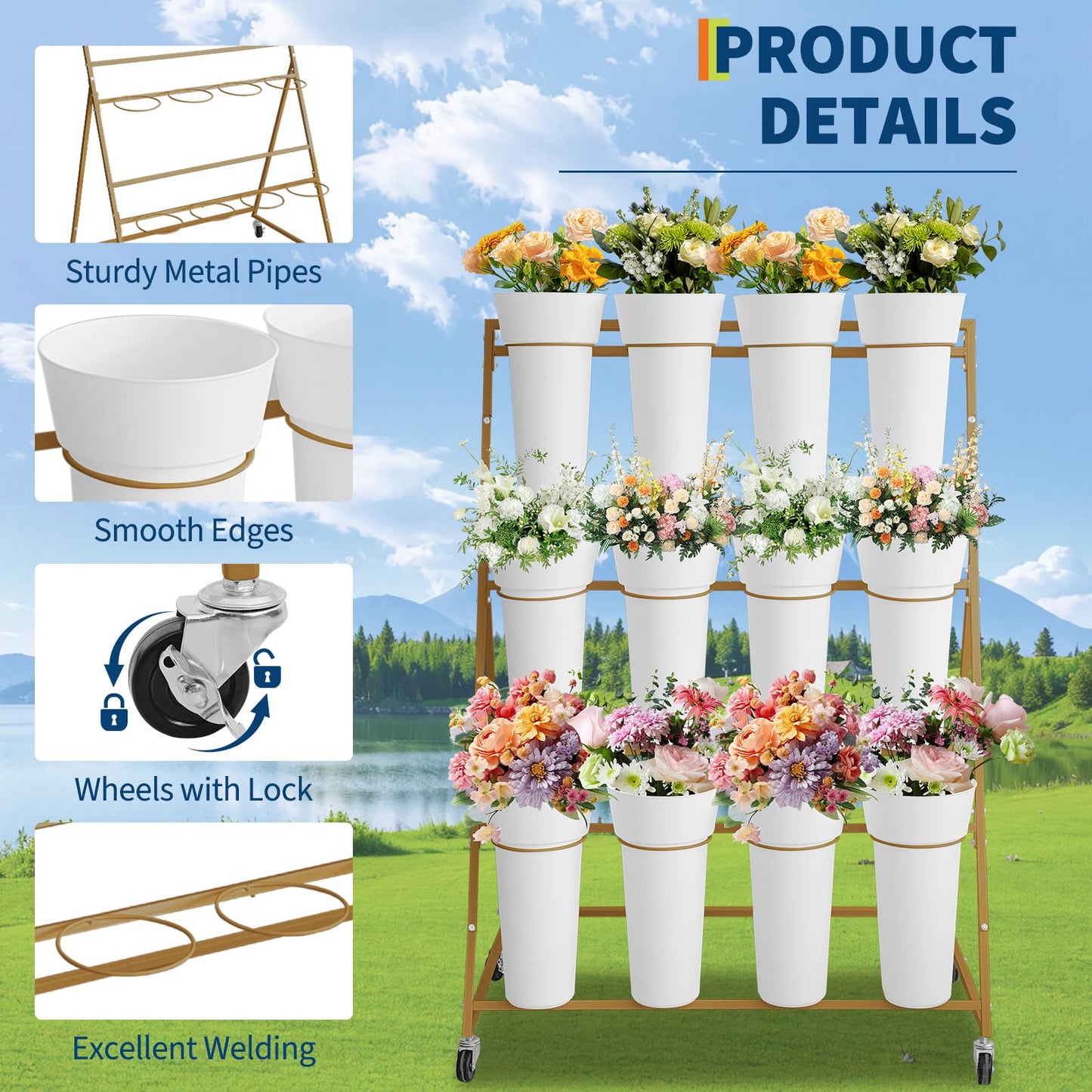 Garvee Flower Display Stand,3 Tier Flower Cart with 12 Round Buckets and Wheels, Moving Flower Cart Display Stand for Garden, Wedding, Flower Shop,Gold
