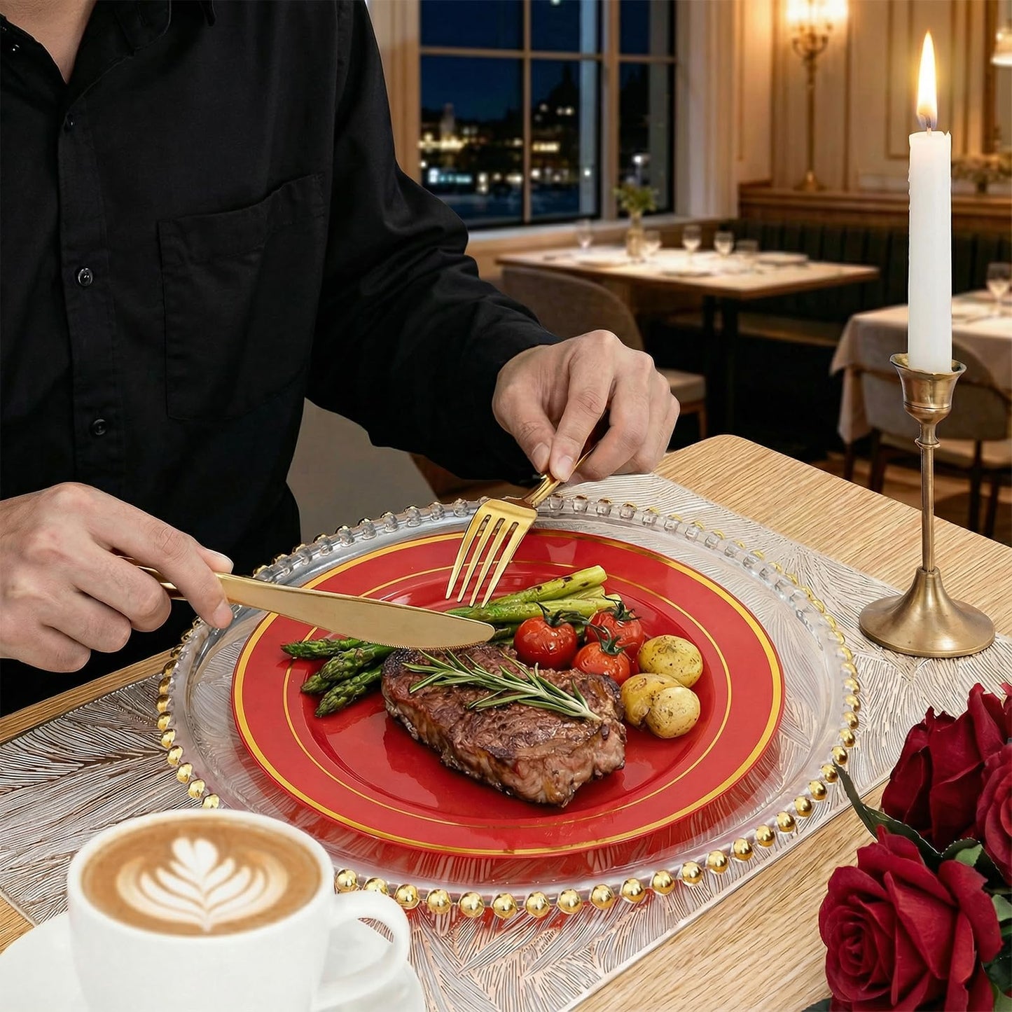 WDF Partyware 350Pieces Red Plastic Plates with Gold Rim Include 50Dinner Plate 10inch 50Dessert Plate 7inch 50 gold Cups 9 OZ, 50 Pre Rolled Napkins for Party/Baby Shower/Wedding/Spring/Mother's Day