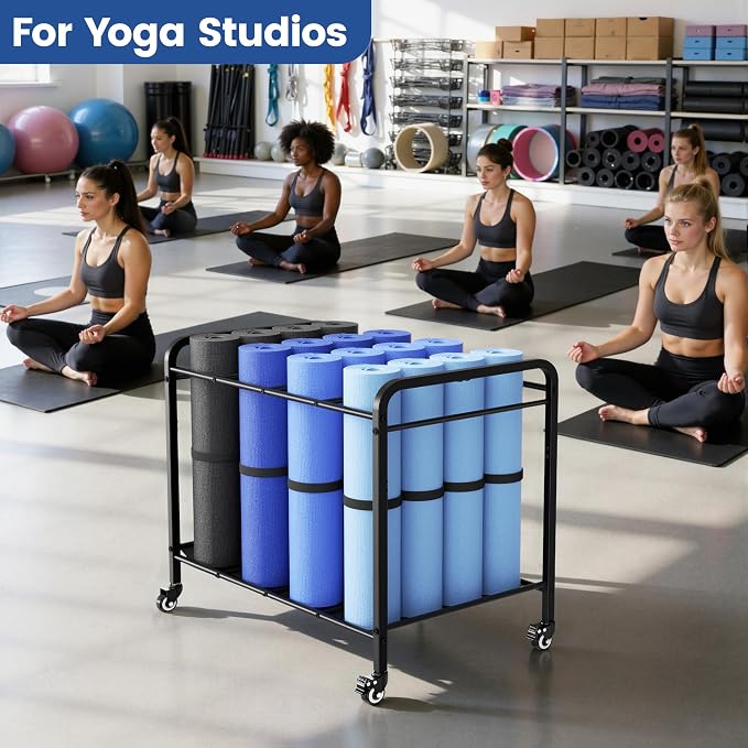 Black Yoga Mat Storage Rack Basket with Wheels, Floor-Standing Metal Yoga Mat Cart Workout Equipment for Foam Roller Dumbbells Kettlebells,in Gym,Fitness Classes, Yoga Studio & Home Gym