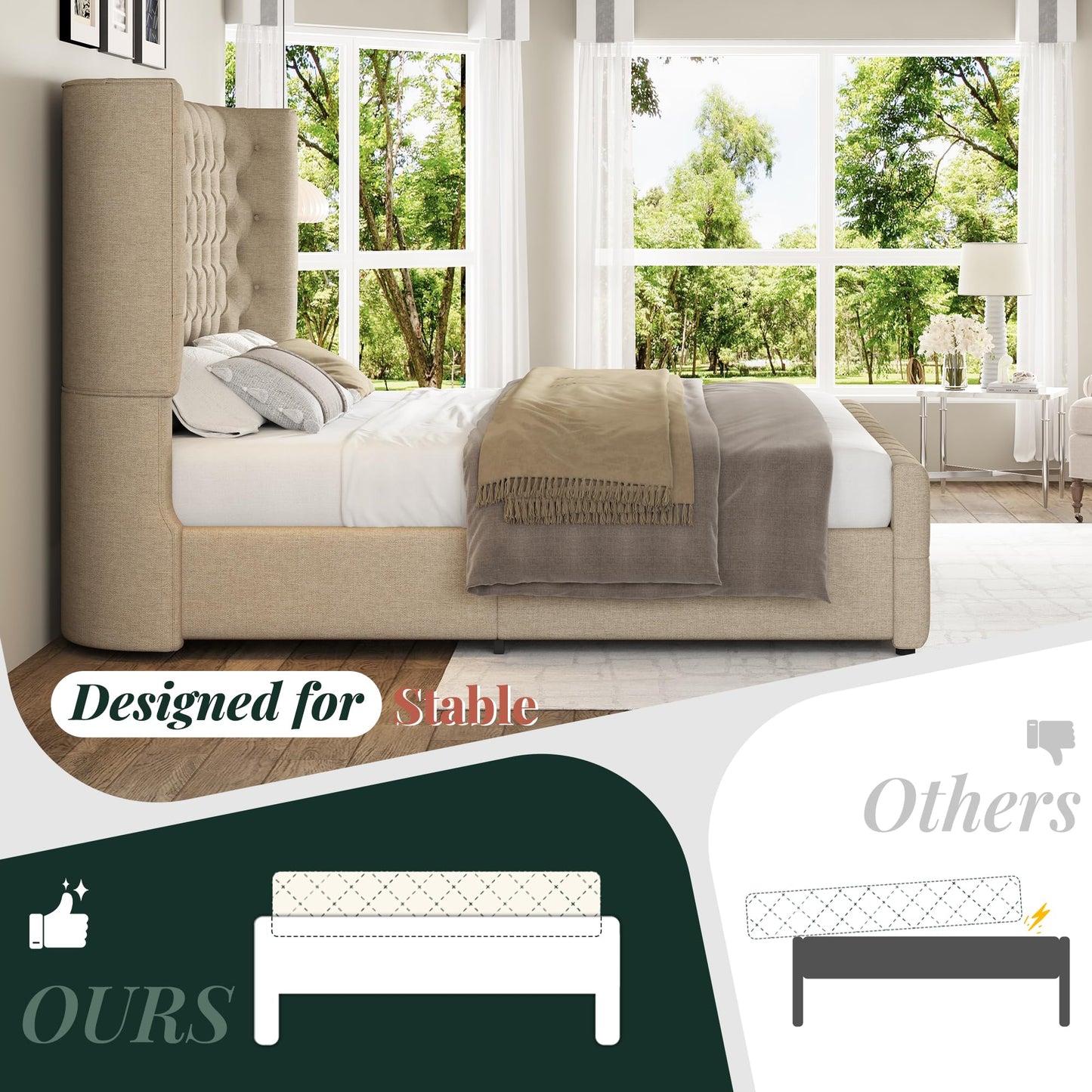 Jocisland King Size Platform Bed Frame, 6.3” Thick Upholstered Curved Wingback Headboard and Footboard with Deep Button Tufted, Easy Assembly, No Box Spring Needed, Khaki Linen