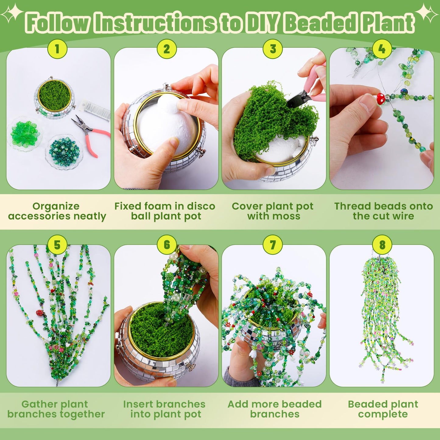 5057 Pcs Beaded Plant Kit Forever Plant Kit for Mirror Disco Ball Planter Making,Green Beads for Beaded Plants with Hanging Chain,Green Glass Leaf Beads Forever Plant Beads for Plant Making DIY Craft