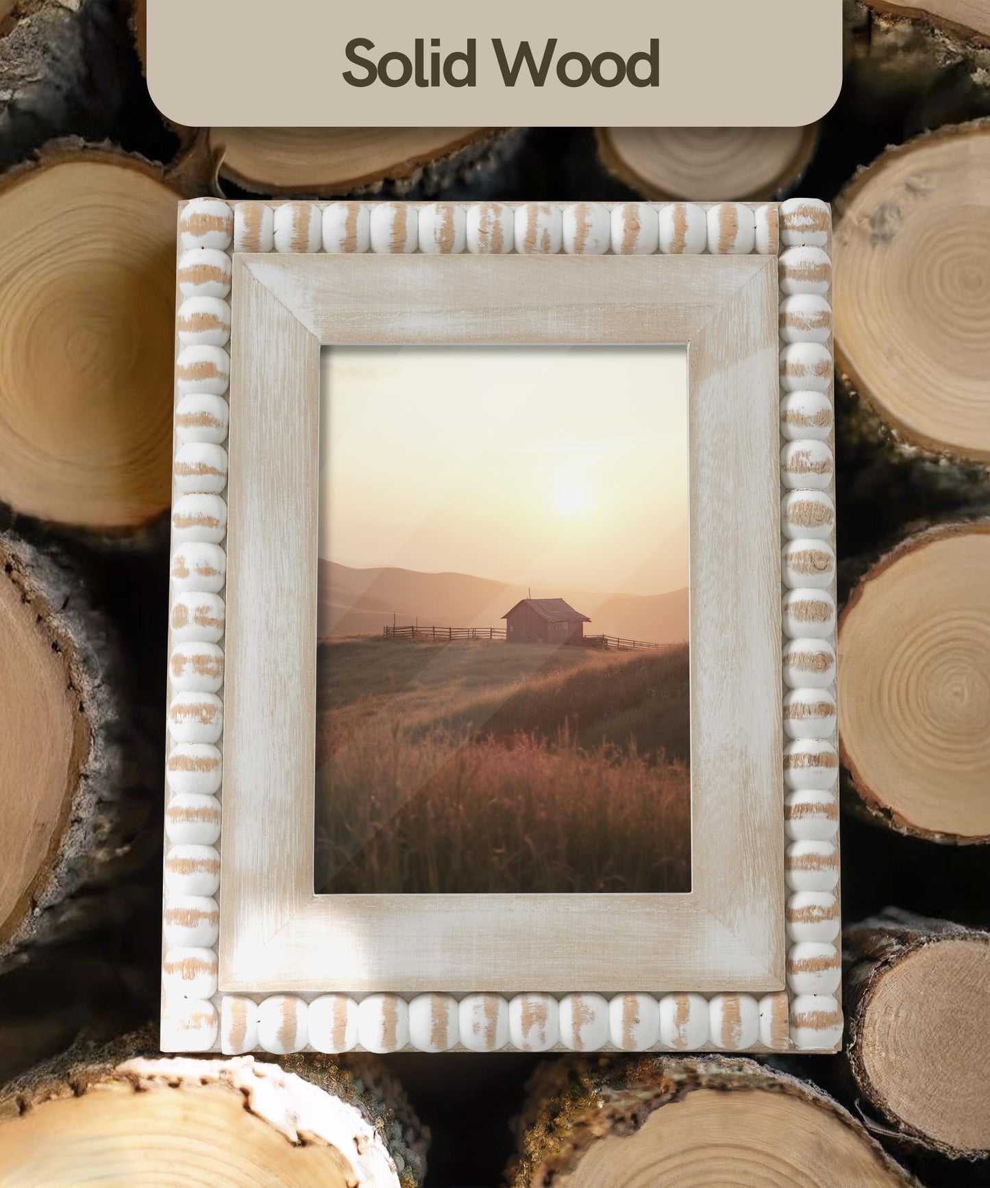 Afuly 5x7 Farmhouse Picture Frame Boho White Beads Photo Frame Wooden Distressed Wall Hanging Desk Standing Decor Artwork Personalized Birthday Gifts for Family, Couple, Friends