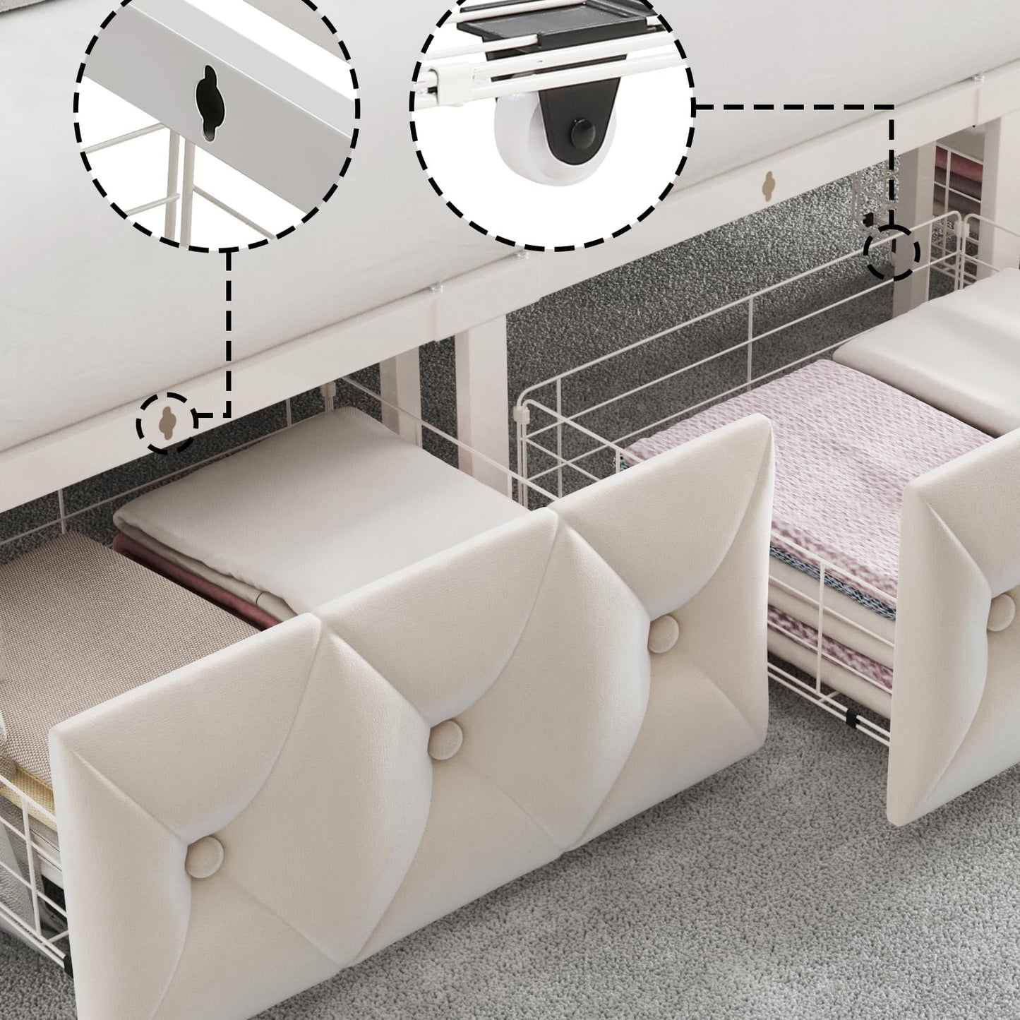 Keyluv Queen Upholstered Canopy Bed Frame with 2 Storage Drawers & Button Tufted Headboard, Metal Platform Bed with 4 Removable Posts, Two-Purpose Velvet Bed, Beige/Curtain Not Included