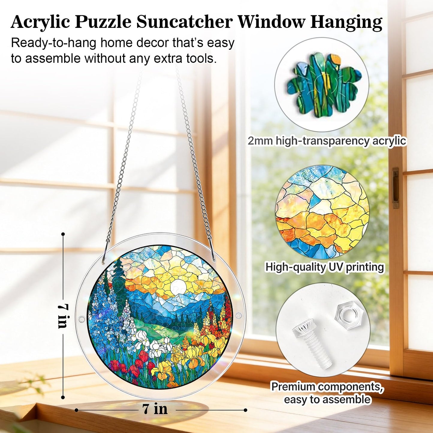 Acrylic Puzzle Suncatcher Window Hanging,Dawn Blossom Sea Sun Catchers Jigsaw Puzzle,DIY Suncatchers Puzzles Window Hanging,Home and Garden Decor,Gift for Women,Mom,Friends(83 Pieces,7 in)