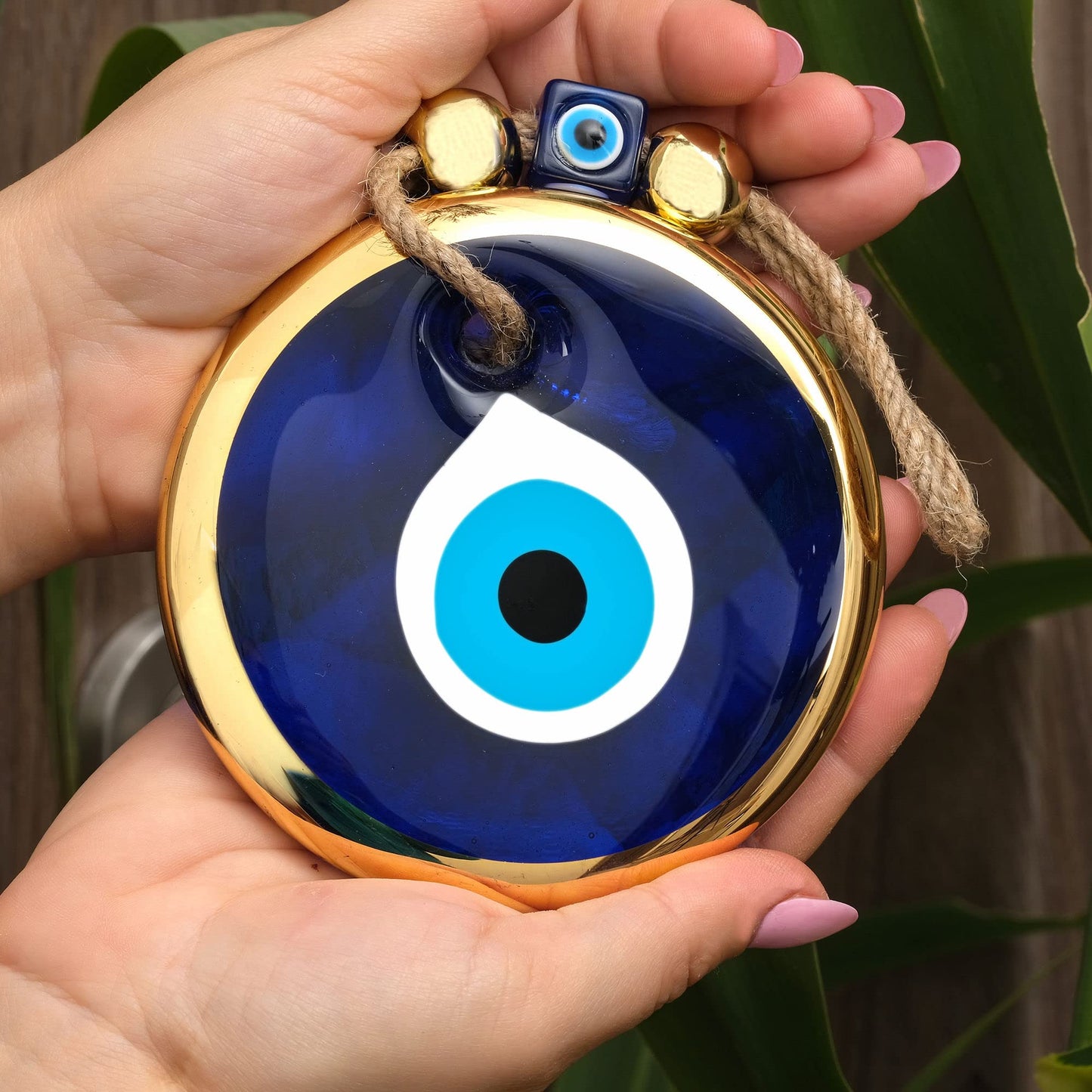 BCS Blue Evil Eye Wall Decor Gold Border Design 4.3" Glass Evil Eye Hanging Ornament for Home, Office, Garden, Door Turkish Greek Handmade Nazar Amulet Good Luck and Protection Charm - Ojo Turco