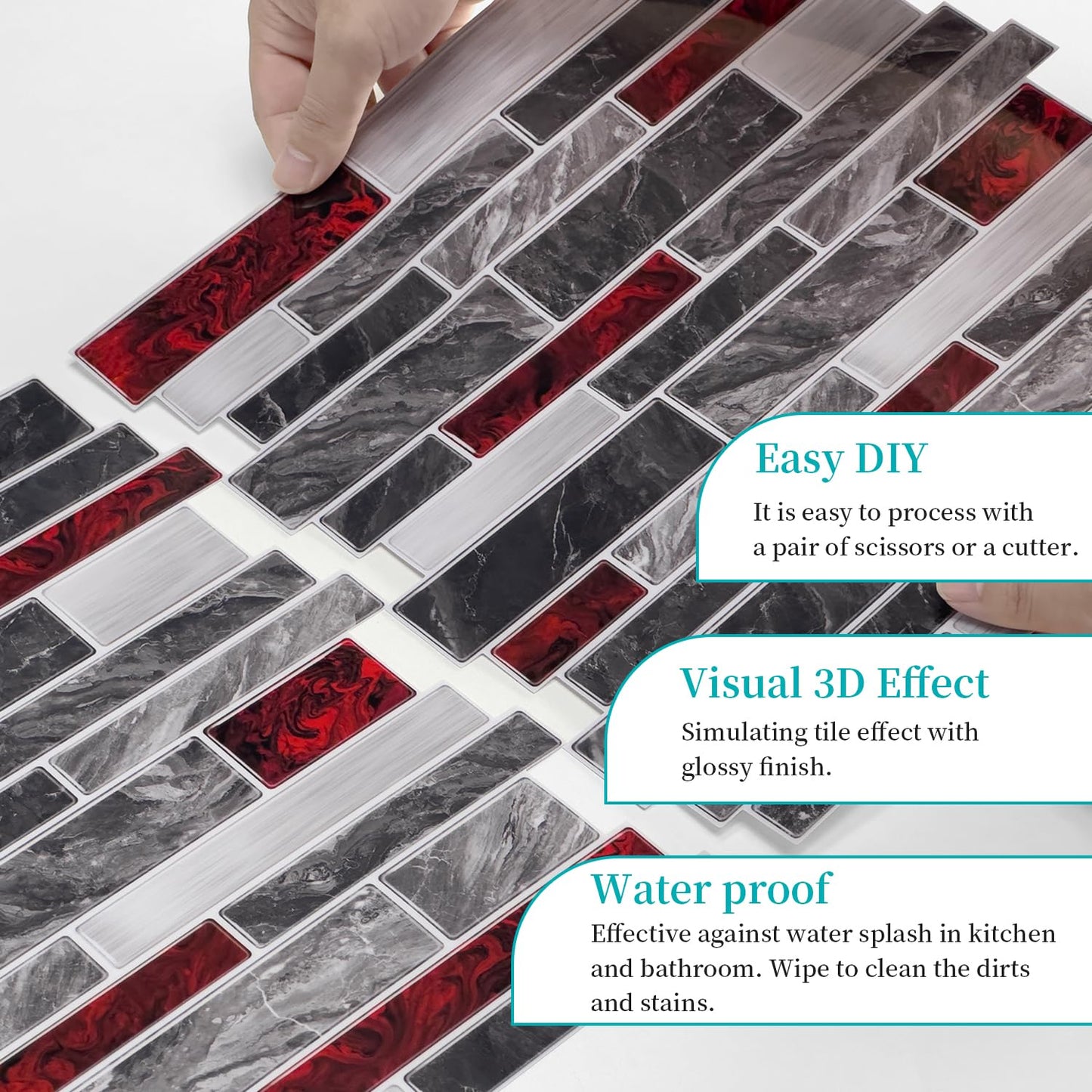 Alwayspon 10 Sheets 12" x12inch Black and Red Marble Effect Vinyl Tiles, Backsplash, Self-Adhesive Peel and Stick Wall Tile Stickers, Stick on Subway Tiles for Kitchen Bathroom Wall Decor