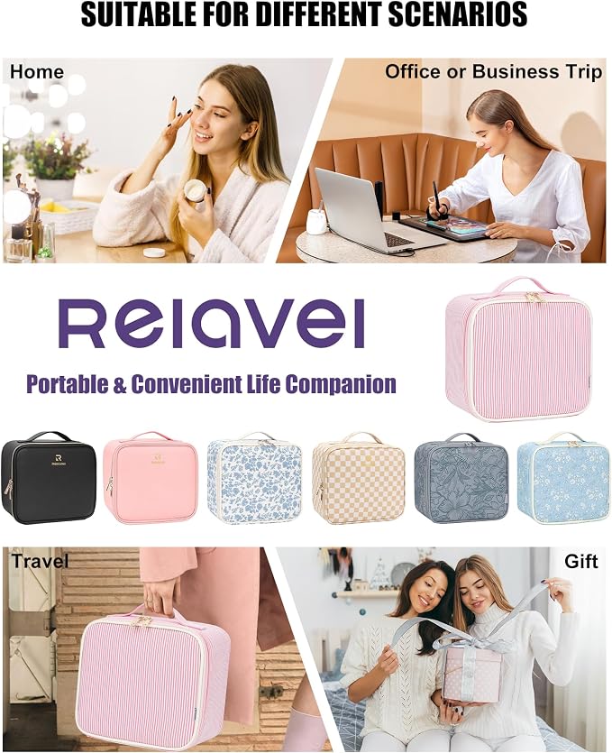 Relavel Travel Makeup Bag With LED Mirror, Portable Cosmetic Bag Organizer with Adjustable Brightness in 3 Color Scenarios, Small Cute Train Case with Detachable Dividers for Trip- Pink Strip
