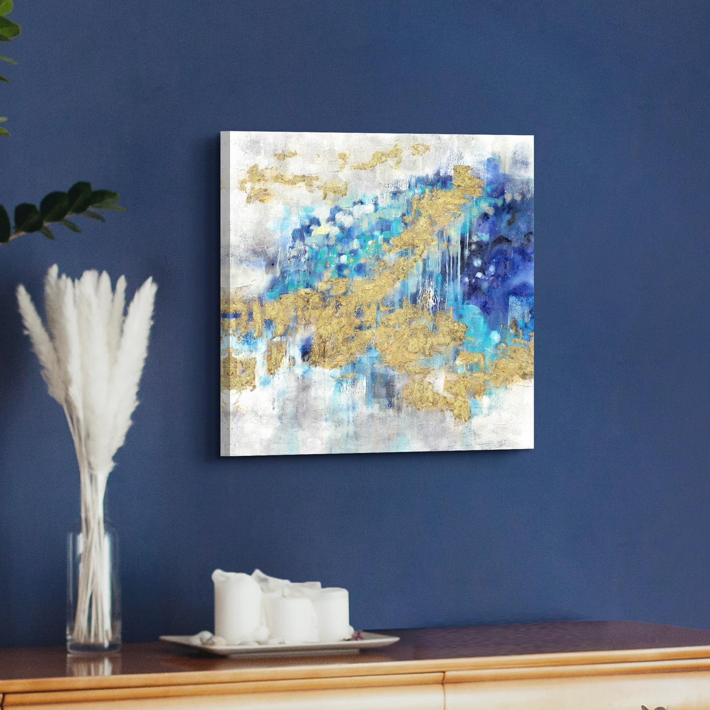 Abstract Modern Canvas Wall Art Painting: Blue Artwork Gold Foil Painted Picture White Grey Background Print for Office Home Living Room Wall Decor（12‘’x12'')