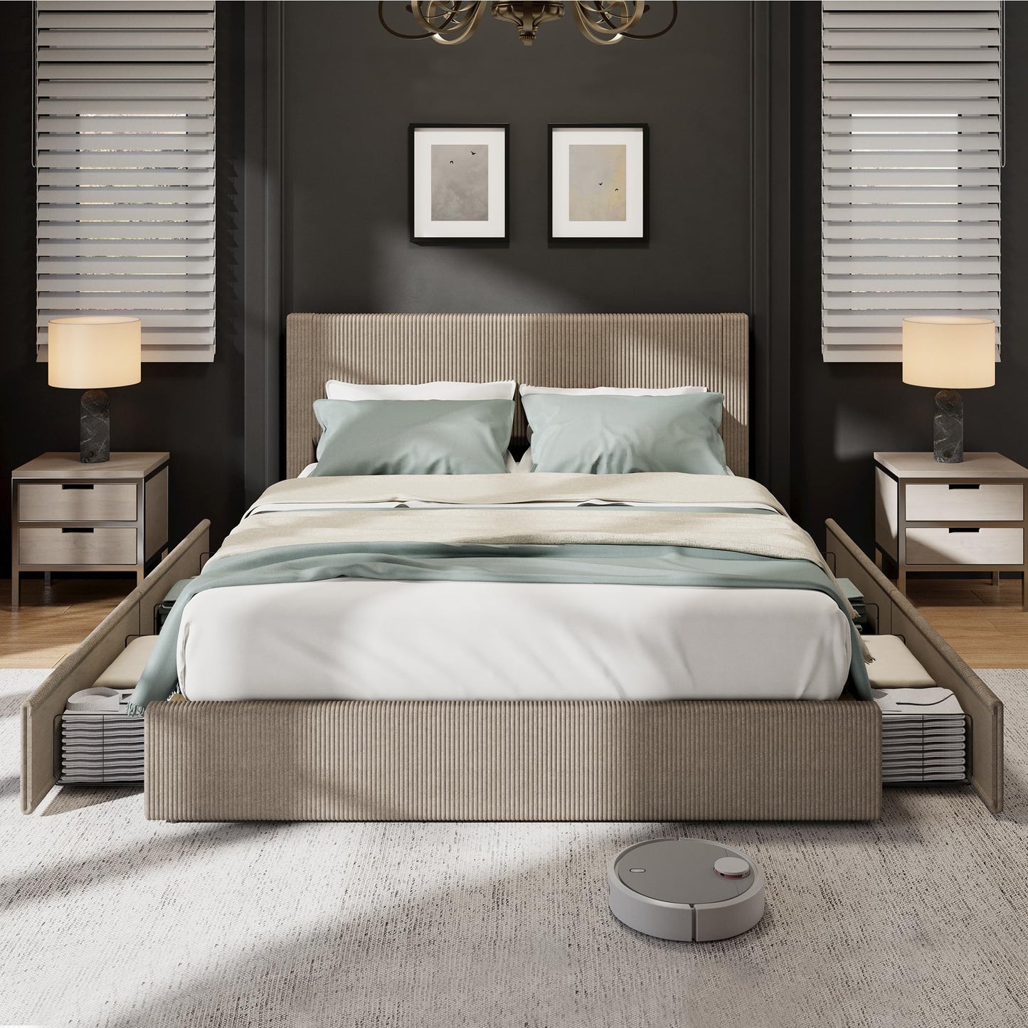 IDEALHOUSE Full Size Bed Frame with Tufted Wingback Headboard, Platform Corduroy Upholstered Bed Frame with 4 Storage Drawers and Wooden Slats Support, No Box Spring Needed, Brown