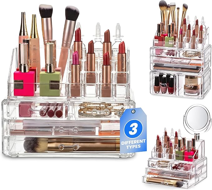 Masirs Clear Makeup Organizer - 16-Compartment Cosmetic and Jewelry Holder with 4 Drawers - Vanity Storage Box for Makeup, Skincare, Accessories, and Jewelry Display