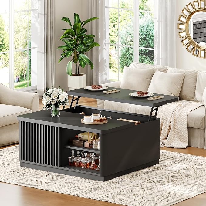 Itaar 39.4'' Lift Top Coffee Table with Storage, Fluted Coffee Tables for Living Room, Square Coffee Table with Large Hidden Compartment & 2 Drawrs & Adjustables Shelves, Black