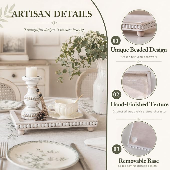 Decorative Coffee Table Tray, 13.5 x 9.7 Inch White Washed Wooden Beaded Tray with Removable Legs, Rustic Farmhouse Rectangular Tray for Coffee Table, Kitchen Counter and Vanity Decor