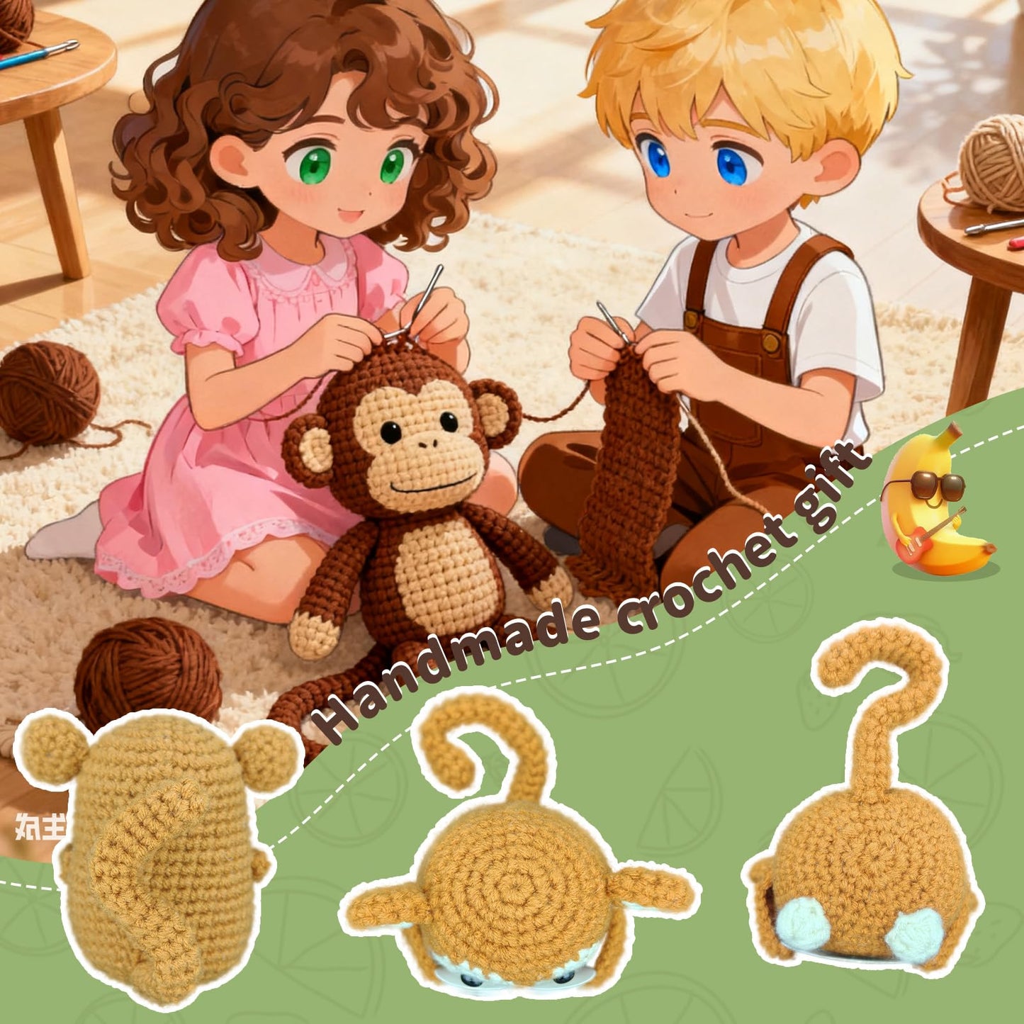 Viaosanza Mother's Day Handmade Crochet Monkey Gift, Daily Love Reminder Desktop Decoration for Stepmother Godmother Women from Daughter Son, Mini Cute Animal Themed Gratitude Emotional Souvenir