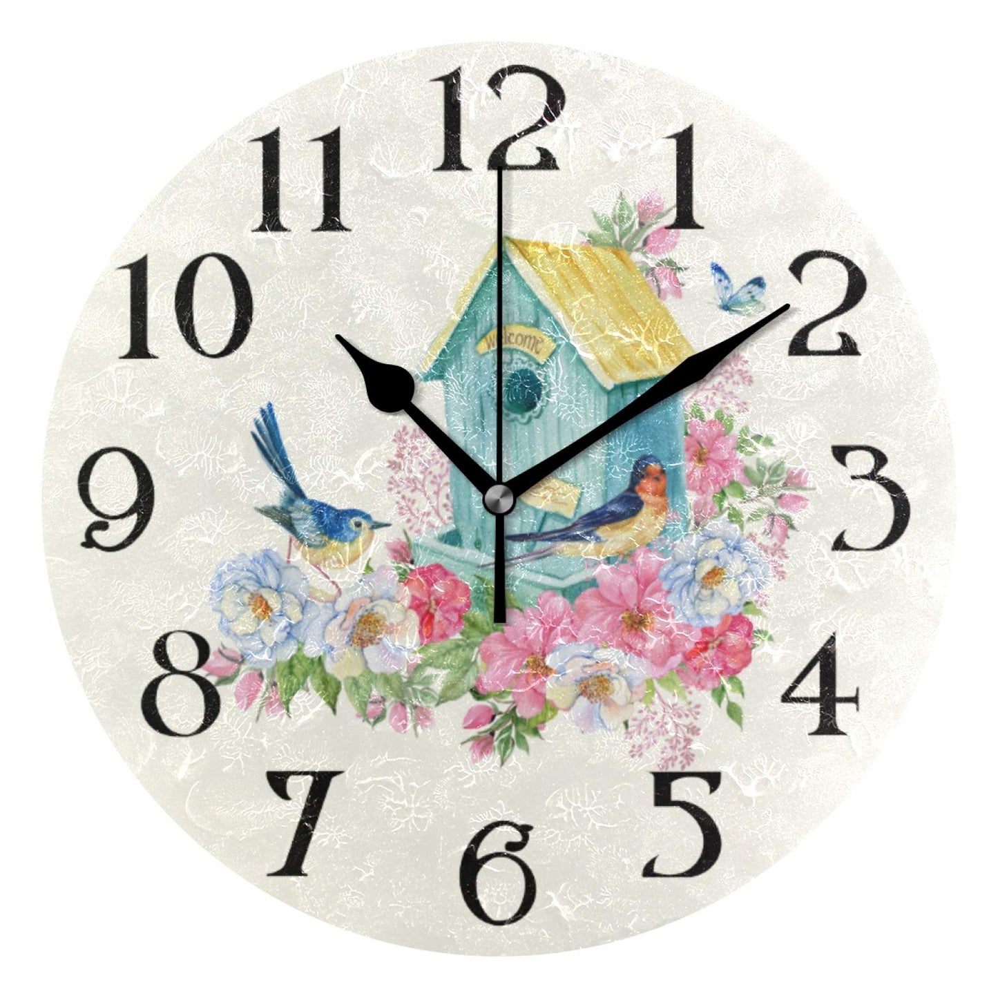 Butterfly Bird Wall Clock with Birds - Battery Operated 9.5 in Round Quartz Analog Clock for Bathroom, Kitchen, Garden