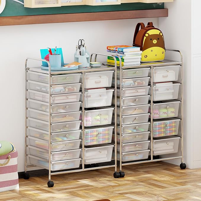 Giantex 15 Drawer Rolling Cart with Drawers, Storage Organizer Cart for Classroom Office School Teacher, Mobile Drawer Cart for Tools, Crafts, Small Printer, Clear