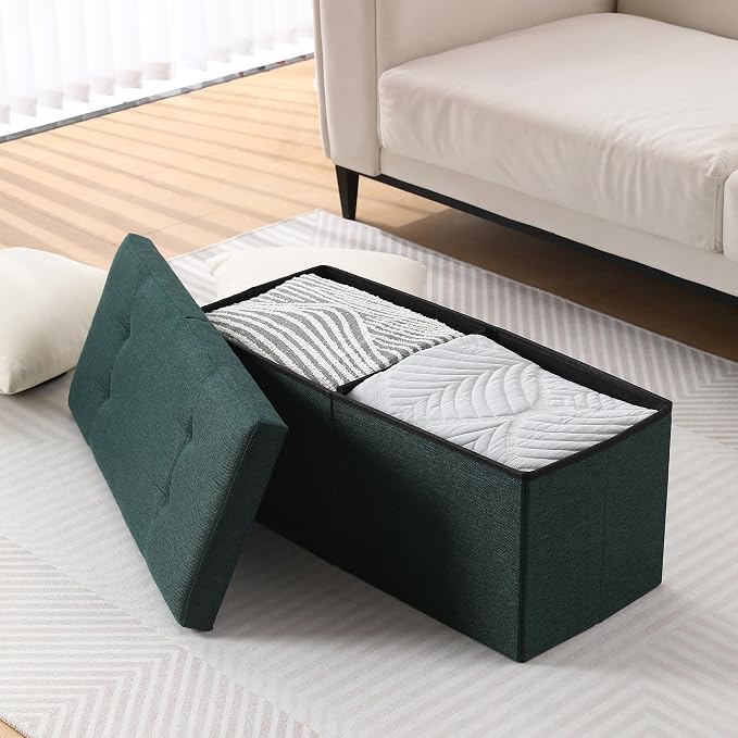 Storage Ottoman Bench Foldable Seat Footrest Shoe Bench End of Bed Storage with Flipping Lid, 75L Storage Space, 30 inches Linen Fabric Emerald, OT026DGN