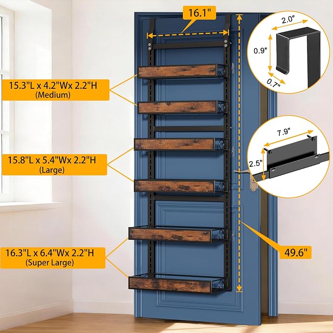 6 Tier Over The Door Pantry Orangizer 2 IN 1 Wall Mounted or Hanging Spice Rack with Adjustable Wood Basket,Heavy Duty Seasoning Storage Shelf for Kitchen Pantry and Bathroom