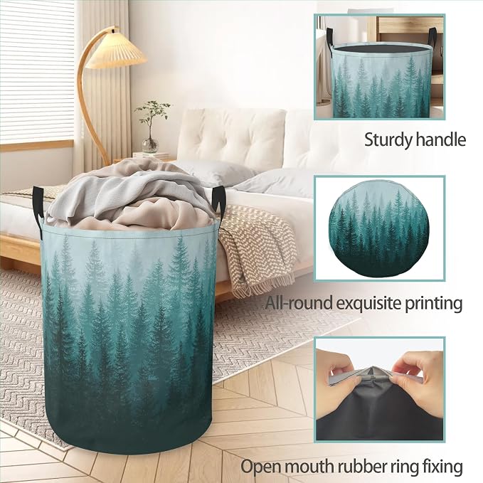 Green Misty Forest Round Laundry Hamper Storage Basket Toys Clothes Organizer Bin For Home Bathroom Bedroom Dorm Nursery