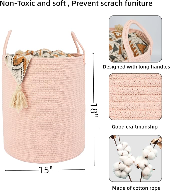 XUANGUO Cotton Rope Laundry Basket Hamper for Clothes Woven Storage Basket for Living Room Bedroom Boho Tall Rope Baskets for Blanket Toys Pillow Towels Baby Nursery Hamper Bin coral pink