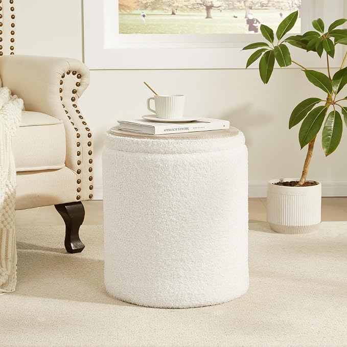 Royal Windsor Boucle Round Ottoman with Storage Set of 2,Small Foot Stool Ottoman for Living Room, Small Coffee Table,Vanity Stool with Storage for Bedroom, White