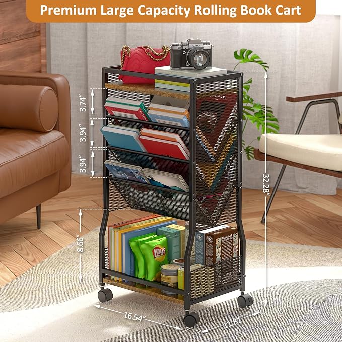 DAOUTIME 8 Tier Rolling Book Cart with Wheels, Mobile Book Storage Cart with 2 Sides Access Bookcase for Narrow Space, Rolling File Organizers and Storage for Home Office Living Room Classroom School