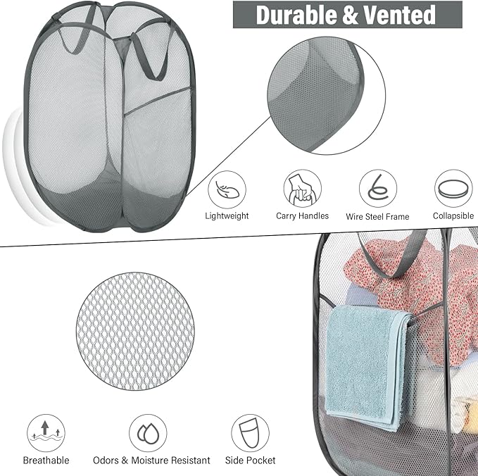 BATTOO Deluxe Strong Mesh Pop up Laundry Hamper Basket with Side Pocket for Laundry Room, Bathroom, Kids Room, College Dorm or Travel 2 Pack White