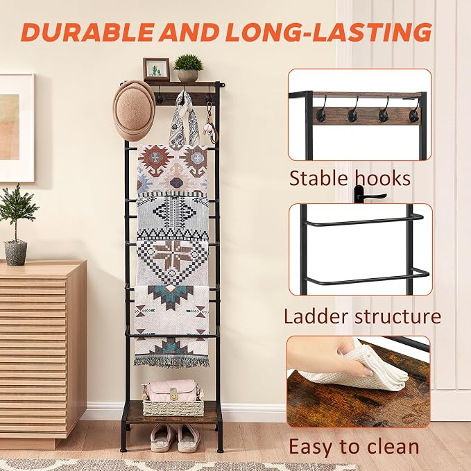 DGWJSU 7 Tier Blanket Ladder for The Living Room and Bedroom, 5.12 Ft Farmhouse Ladder Shelf with 2-Tier Storage Rack, Decorative Ladder with 4 Coat Hooks, Blanket Rack,Ladder Shelves