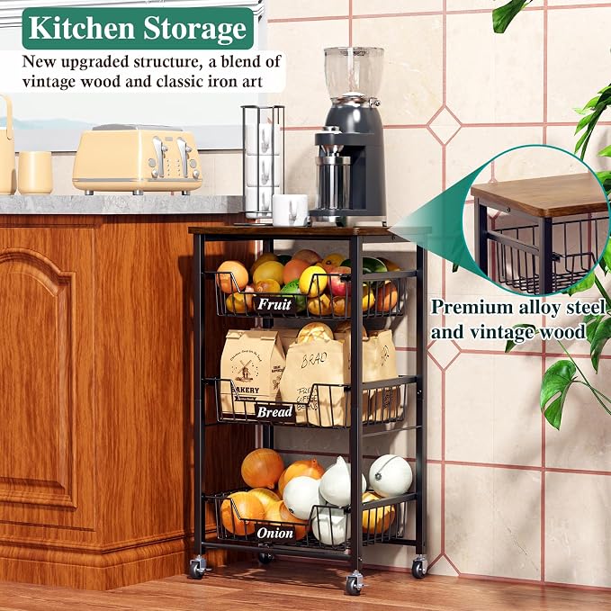 OKZEST 4-Tier Kitchen Storage Cart on Wheels – Mobile Fruit Basket Stand with Drawers & Wooden Top, Small Rolling Pantry Shelf for Potatoes, Onions, Bottled Drinks, Cans, Snacks – Includes 3 PE Liners