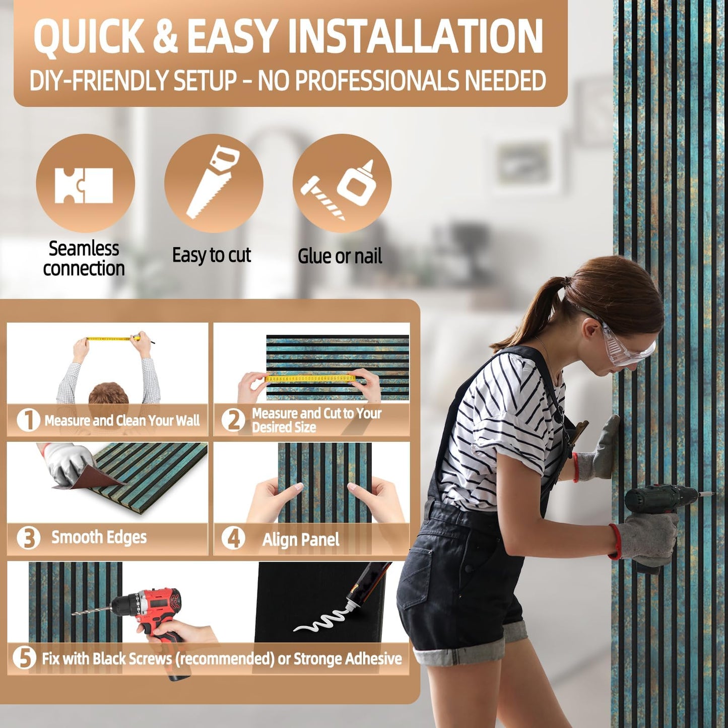 GreenClad Wood Slat Wall Panels for Interior Wall Decor, Acoustic MDF Wall Panels with PET Backing, Easy Install Wall Paneling for Living Room Bedroom Office, Antique Teal Blue Accent (94" x 12.6")