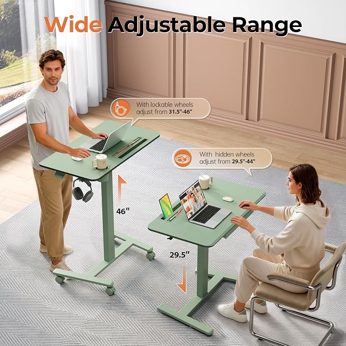 Mobile Standing Desk with Drawer, 35" Small Standing Desk with Cup Holder, Rolling Laptop Cart on Wheels, Height Adjustable Table with Storage for Home Office, Sage Green