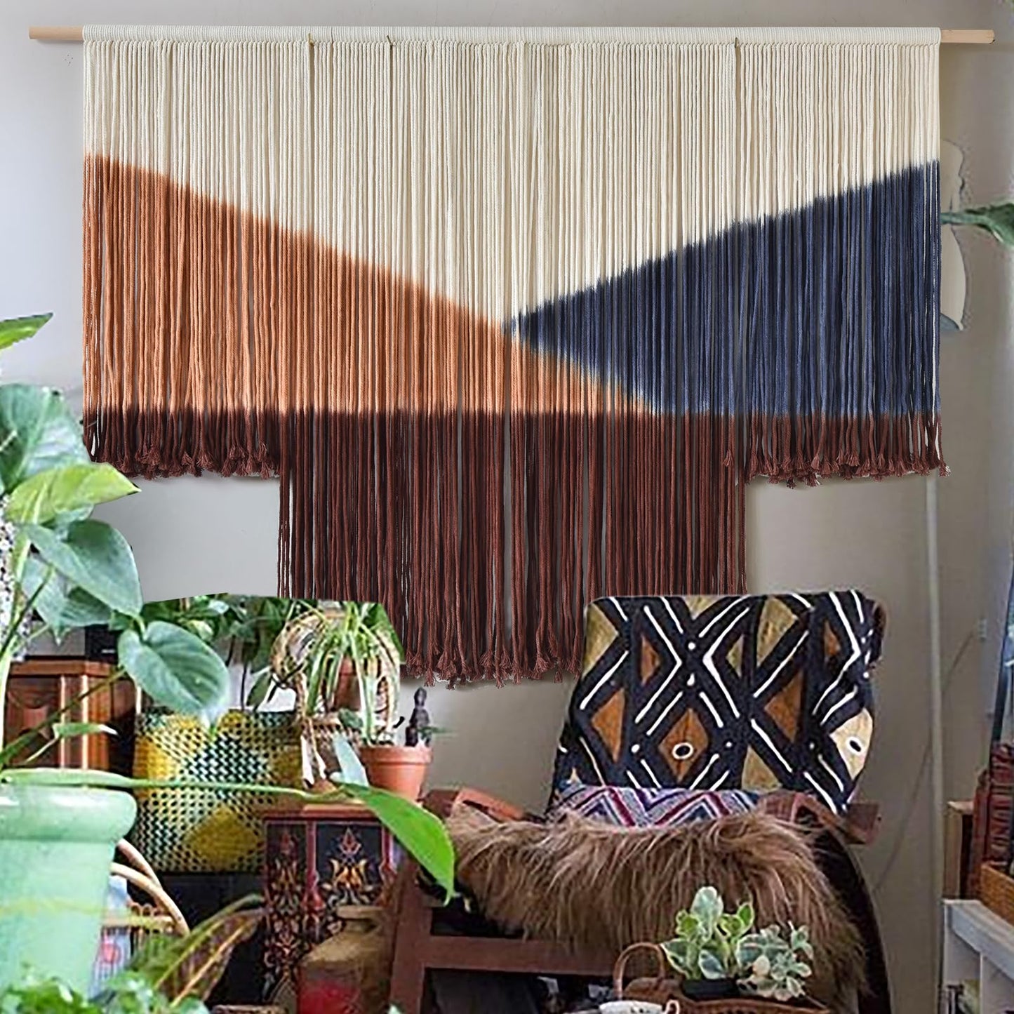 Jakalin Macrame Wall Hanging Geometric Boho Tapestry Dip Dyed With Modern Shapes, 57" W x 39" L Macrame Wall Art for Living Room or Bedroom Decor