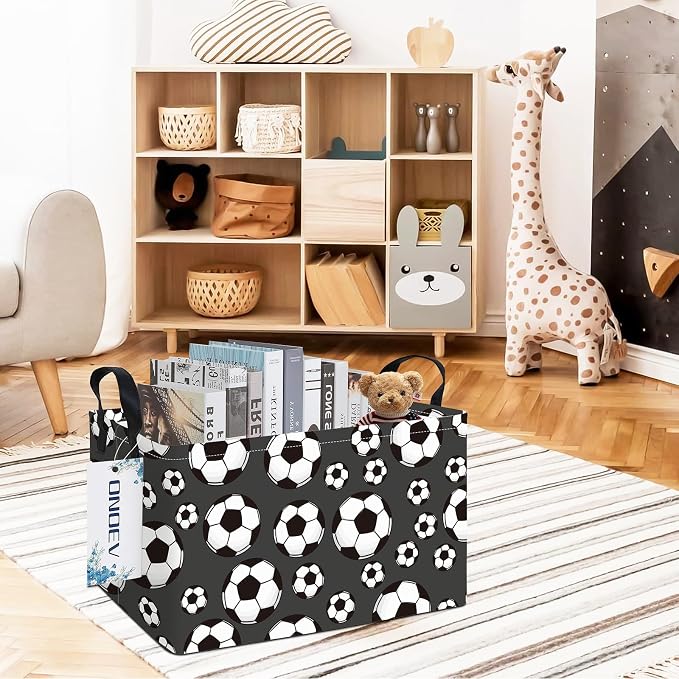 Rectangular Soccer Ball Pattern Storage Bin, Decorative Canvas Laundry Basket with Dual Handles, Foldable Household Toy Organizer, Multipurpose Party Gift Basket for Bedroom Dorm (Soccer)