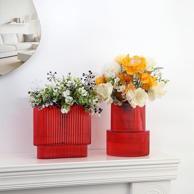 Red Glass Vases, Set of 2 Ribbed Vases for Flowers, Red Vase for Tulips, Modern Glass Vase for Living Room, Dining Table, Office, Entryway, Mantle, Bookshelf, Wedding Gifts