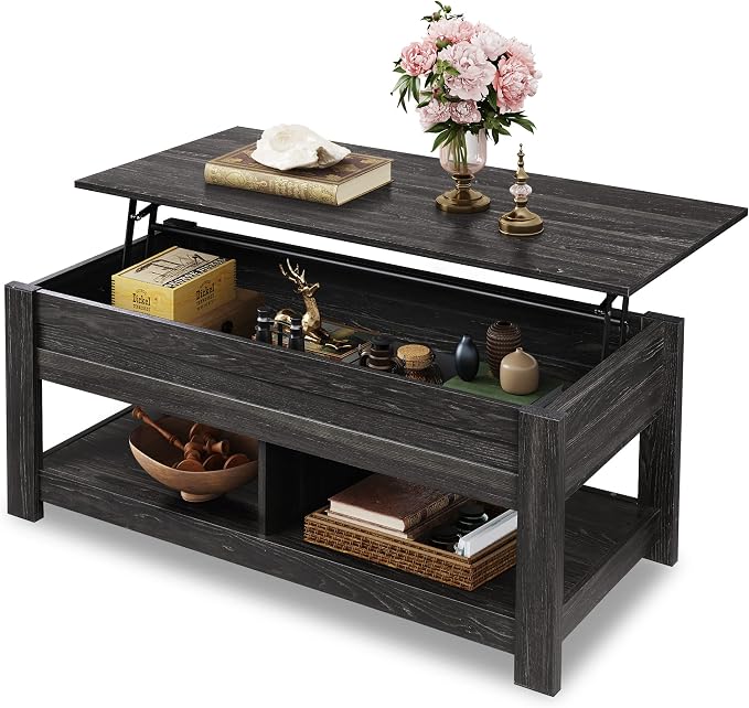 WLIVE Coffee Table, 47" Lift Top Coffee Table with Hidden Compartment and 2 Storage Shelves for Living Room, Black Oak