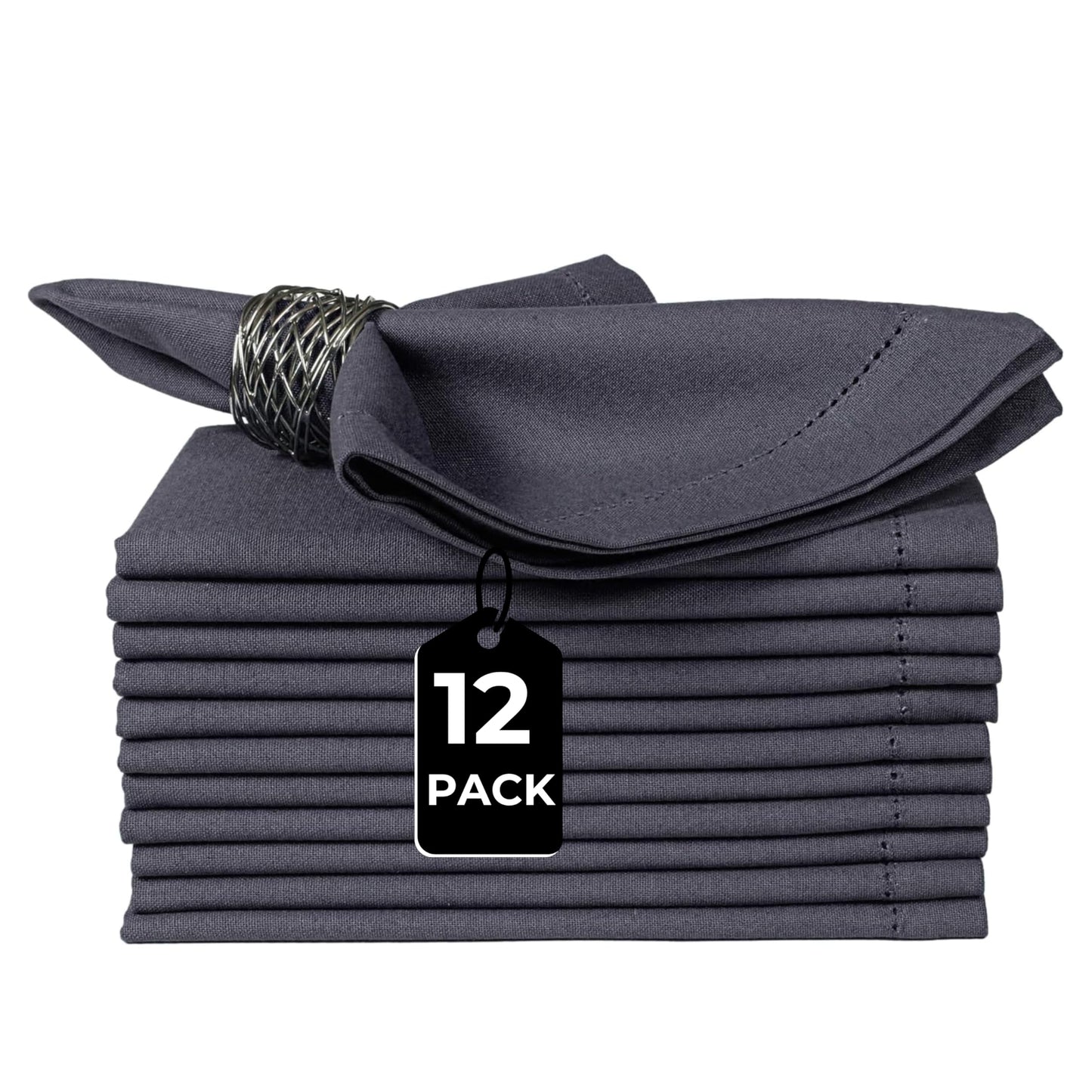 Bedding Craft Cotton Cloth Dinner Napkins Set of 12 – 18x18 Steel Grey with Hemstitched Mitered Corners – Machine Washable Reusable Napkins for Thanksgiving & Christmas
