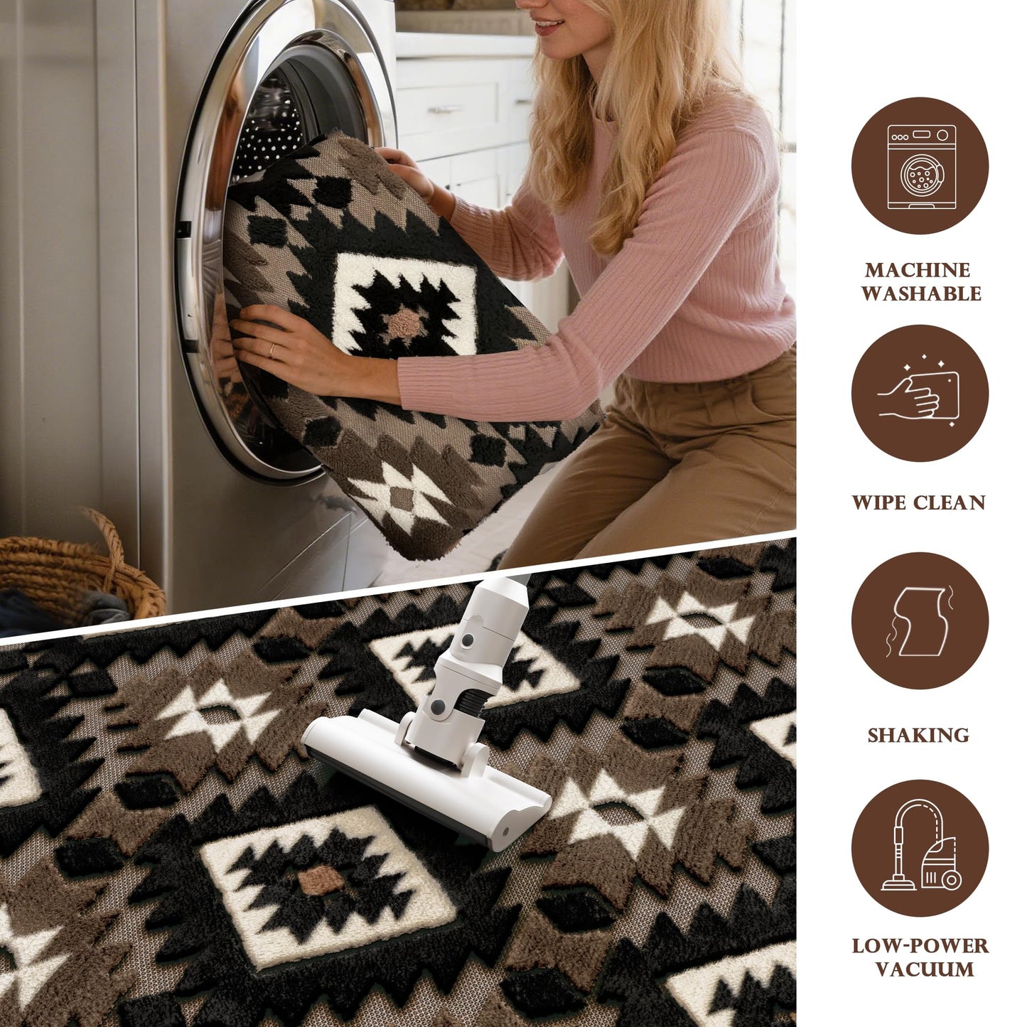 Aztec Area Rug 8x10, High-Low Plush Pile Western Washable Rugs for Living Room Bedroom, Boho Moroccan Geometric Non Slip Textured Fluffy Nursery Carpet Soft Indoor Shag Rugs for Dining Room, Brown