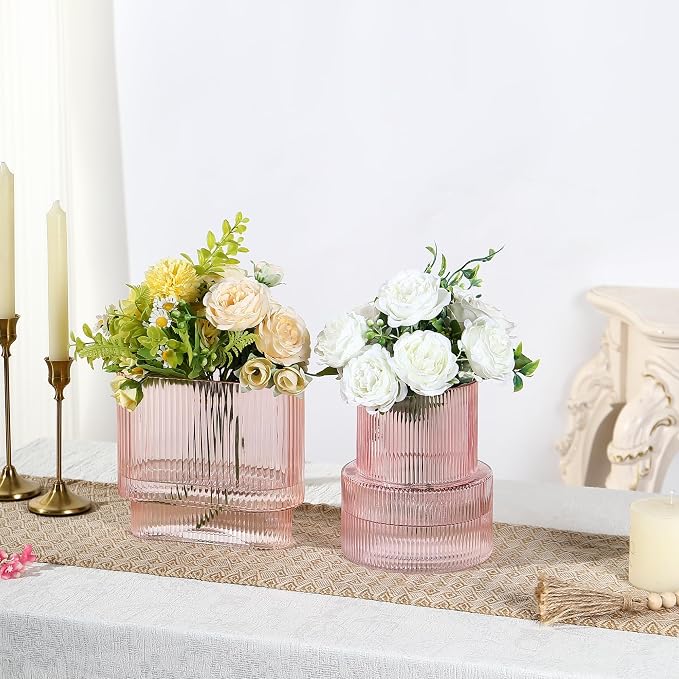 Pink Glass Vases, Set of 2 Ribbed Vases for Flowers, Pink Vase for Tulips, Modern Glass Vase for Living Room, Dining Table, Office, Entryway, Mantle, Bookshelf, Wedding Gifts