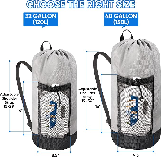 BALEINE 2PK 150L Laundry Bag Backpack, 900D Oxford Fabric Large Travel Laundry Bags with Shoulder Straps and 2 Mesh Pockets for College Dorm, Apartment, Laundromat (Gray, 150L)