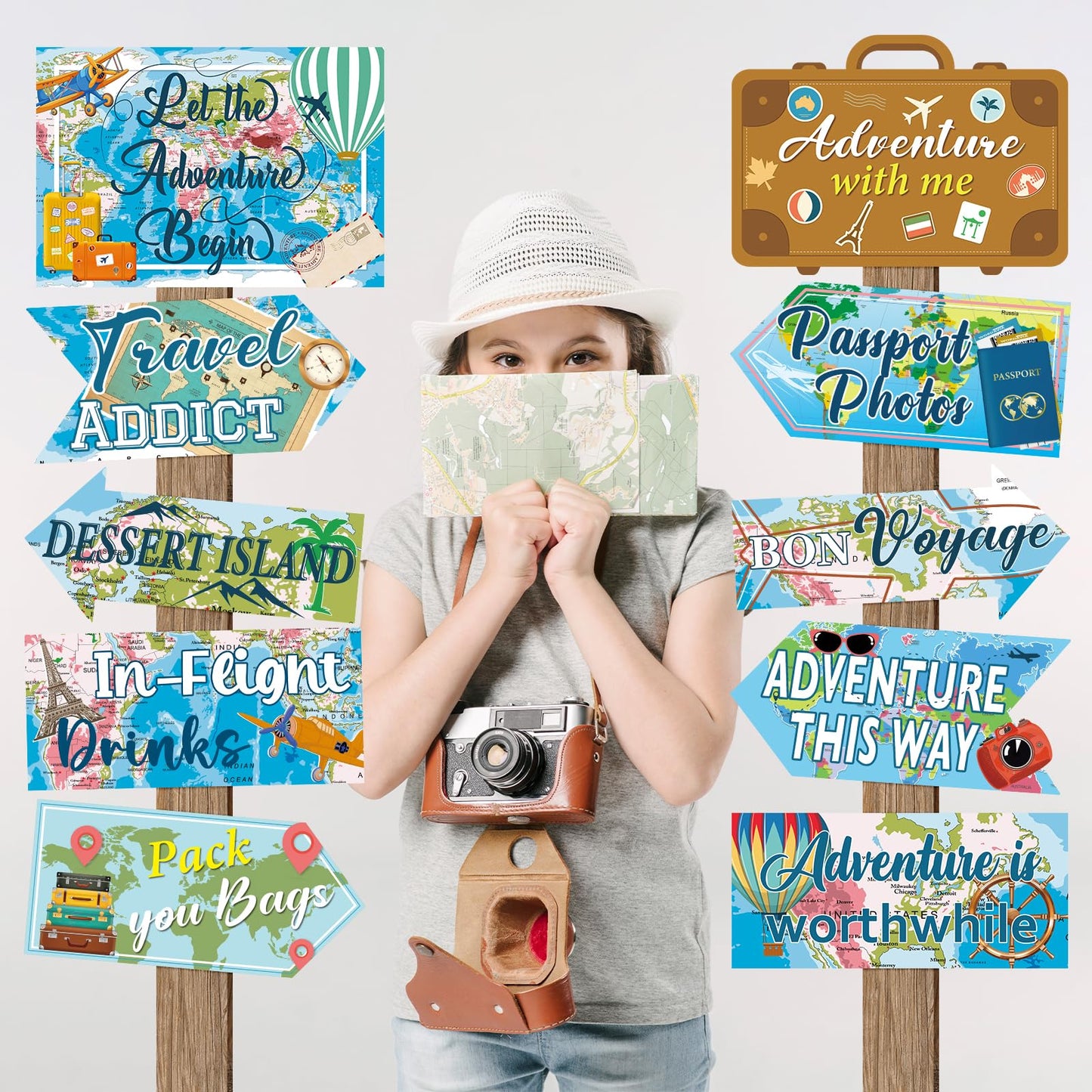 20 Pieces Travel Party Signs Travel Themed Party Decorations Let The Adventure Begin Sign Around the World Decorations Bon Voyage Party Wall Door Porch Yard Sign Travel Party Supplies