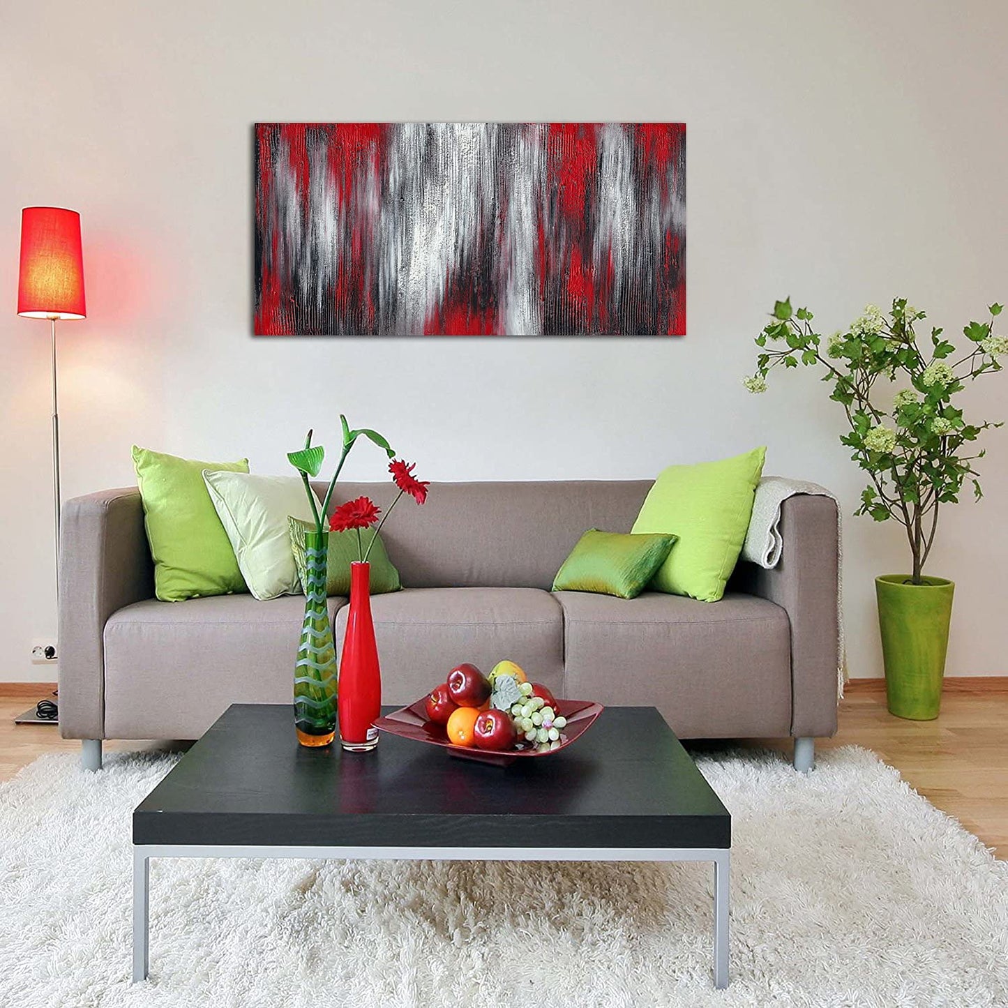 MyArton Textured Red Black White Abstract Canvas Wall Art Hand Painted Modern Decoration Oil Painting Picture Framed Ready to Hang 40x20inch for Living Room Bedroom Office Decor