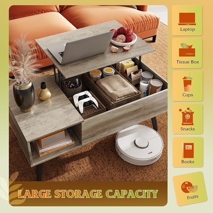 WLIVE Coffee Table for Living Room, Lift Top Coffee Table with Storage, Small Rising Wooden Dining Center Table with Storage Shelf & Hidden Compartment, 39" Greige
