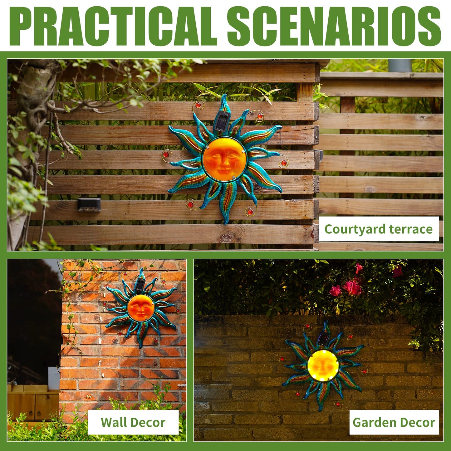 Fashionoda 18 "Solar Sun Face Wall Art - Metal Sculpture with LED Lights & Smiling Face, Outdoor Wall Hanging Fence Decorations (Blue)