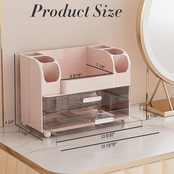 Delamu Large Makeup Organizer Countertop with 6 Brush Holders, Makeup Organizers for Vanity with 2 Large Drawers, Easy to Store Skincare, Lipsticks, Nail Polishes, Perfumes, Eyeshadow Palettes, Pink